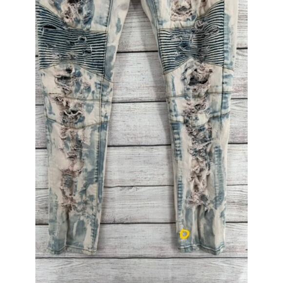 Embellish Distressed Moto Jeans Mens 34 Blue Pink Washed Denim - Picture 5 of 12